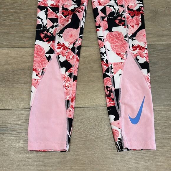 NIKE Girls Pink Black Dri-Fit Floral Abstract Printed Tight Fit Leggings Size L - Picture 5 of 14